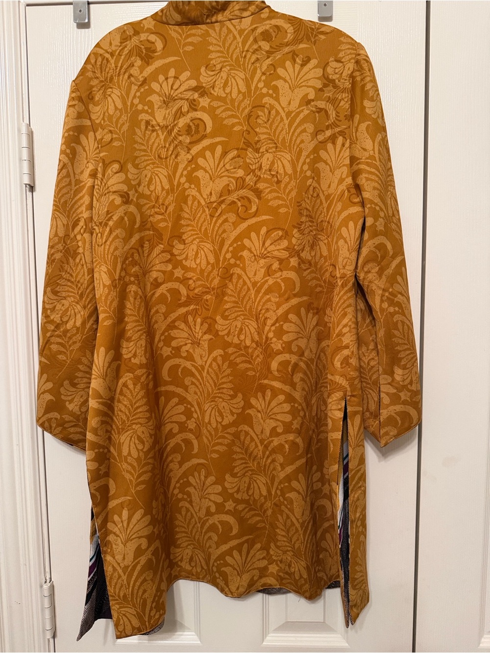Chico's Reversible Mustard Floral Jacquard Open Kimono with Multicolor Chevron L - Picture 2 of 4